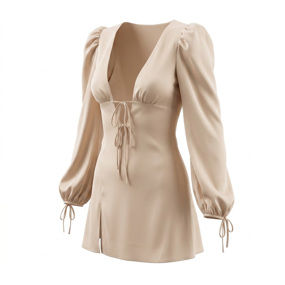 Oh Polly Mini Dress 6 Champagne Satin Tie Front Balloon Sleeve Coquette Luxe NWT
